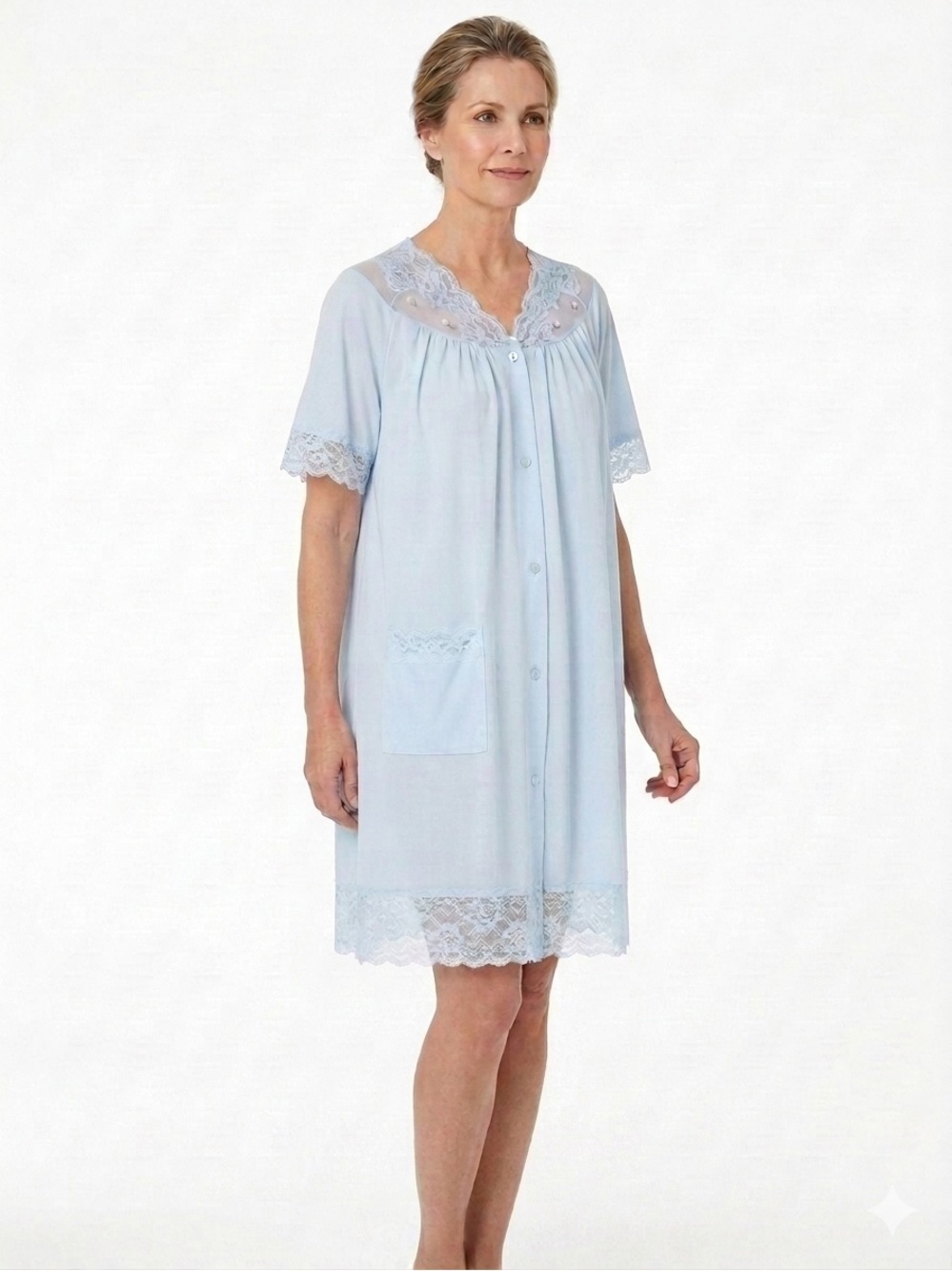 VTG 70s Shadowline Blue Nylon Lace Trim Robe Medium Made in USA